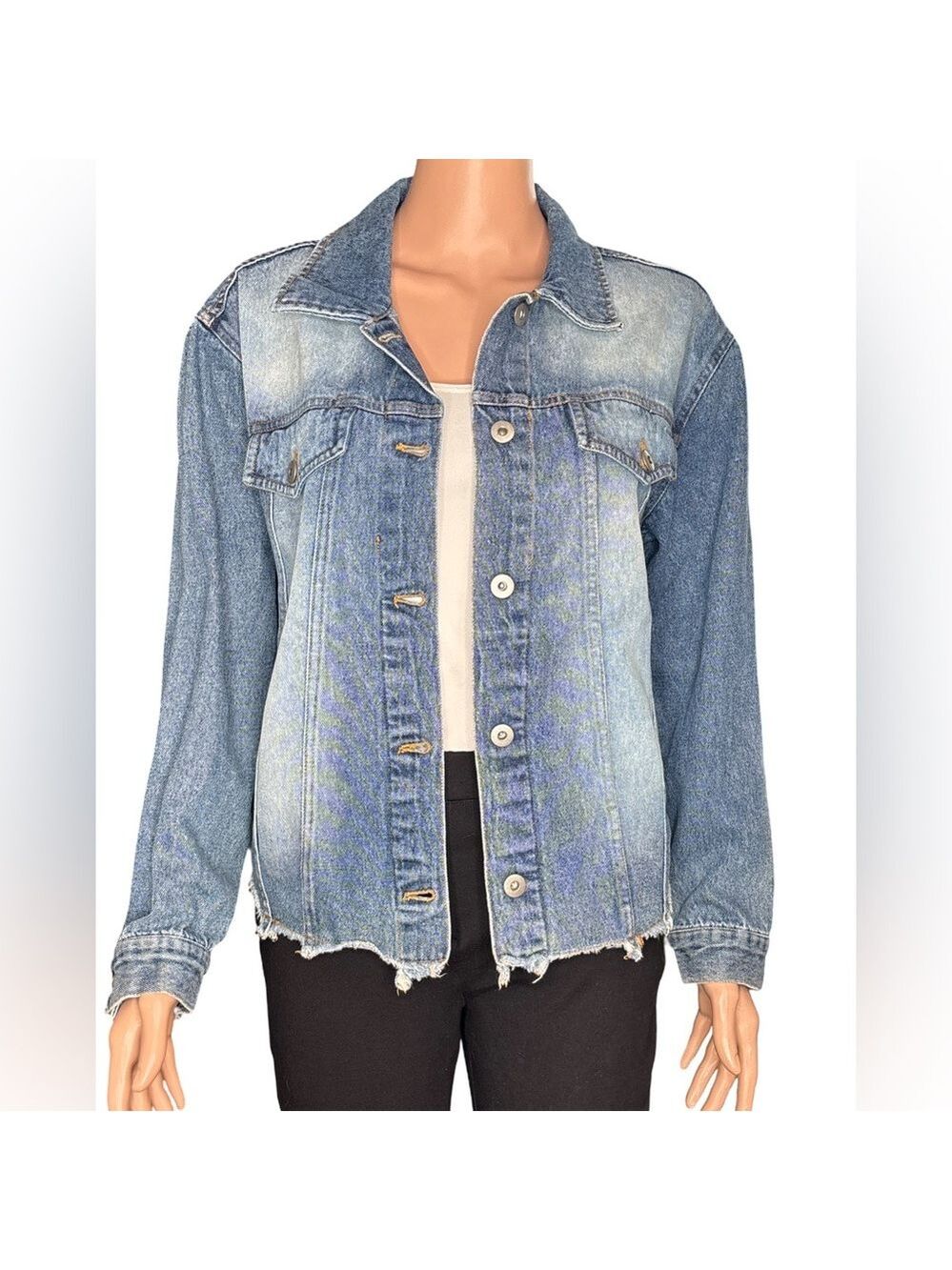 Love Tree Distressed Blue Jean Jacket Tiger Graphic Small